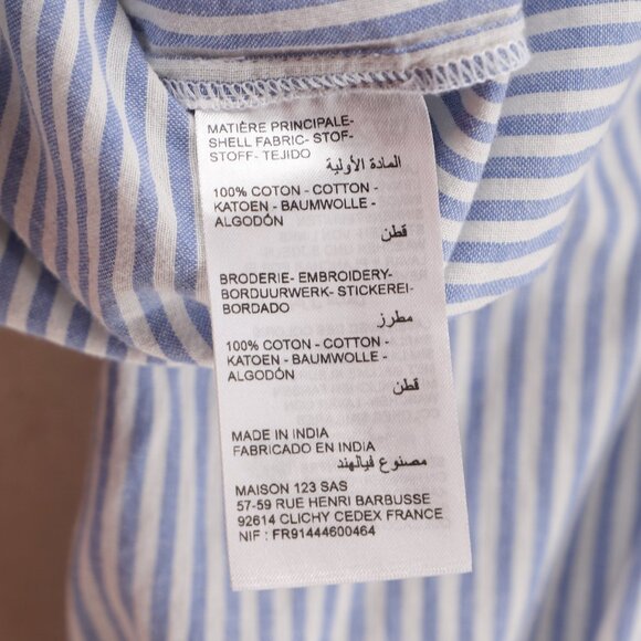 MAISON 123 PARIS Blue Striped V-Neck White Embroidery Flowy Blouse Size L - Picture 8 of 8